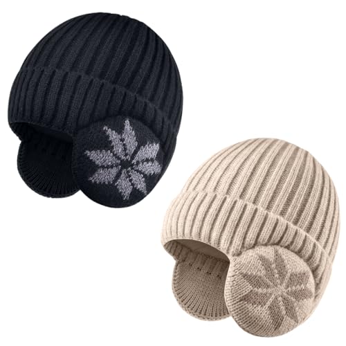 2 Pack Kids Beanie Winter Hat for 3-10 Years Cute Warm Fleece Lined with Ear Flaps for Boys and Girls - color: Black+beige