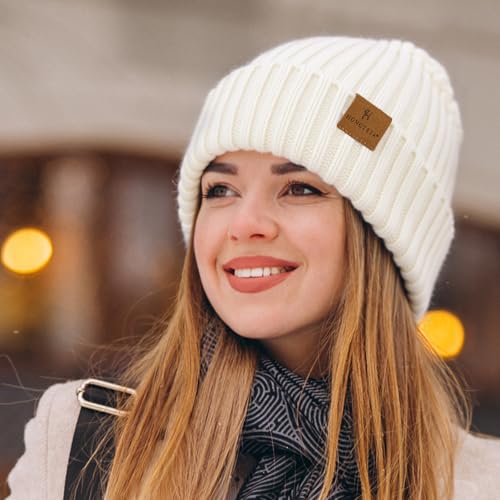 HONGTEYA 3 Pack Winter Beanie for Men Women, Thicken Thermal Plush Lined Beanie Fashion Warm Knit Hat for Cold Weather - color: Gray+white+pink