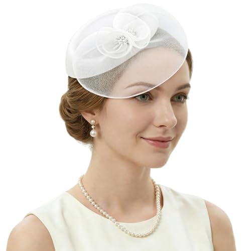 DRESHOW Fascinator Hats for Women Cocktail Tea Party Hat Netted Pillbox Hat Vintage Derby Hats for Bridal Wedding - color: Pillbox Hat: White