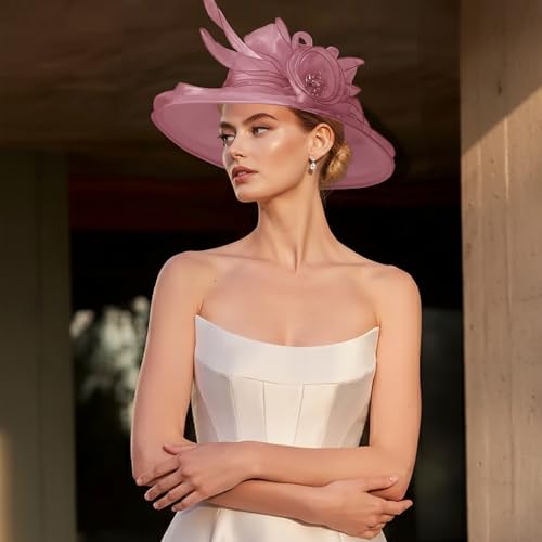 DRESHOW Women Organza Hat Church Cap Hats Clearance Kentucky Derby Cocktail Tea Party Wedding Flower Hat with Wide Brim - color: Flower Hat: Nude Pink