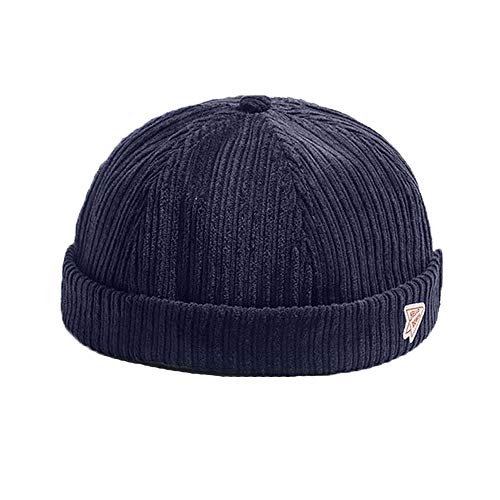 Men Hats Docker Cap Hats Beanie Sailor Cap Worker Hat Rolled Cuff Retro Brimless Hat with Adjustable - color: 0072-blue