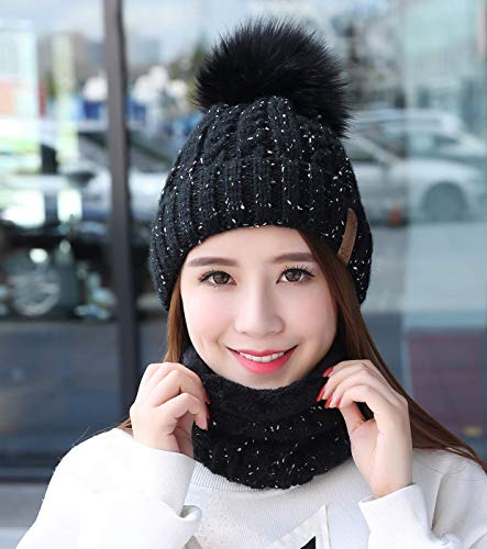 IYEBRAO Womens Winter Knit Beanie Hat and Scarf Set Girls Cute Slouchy Thick Fleece Lined Ski Hat Warm Skull Cap with Pom - color: Black