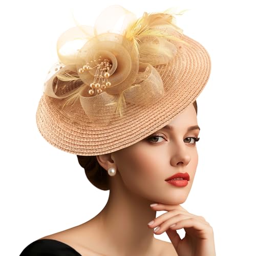 DRESHOW Fascinators Hat Flower Mesh Feathers Hat with a Headband and a Clip 7.9" Tea Party Headwear for Women - color: Folded Style 2: Sand Beige / 7.9"