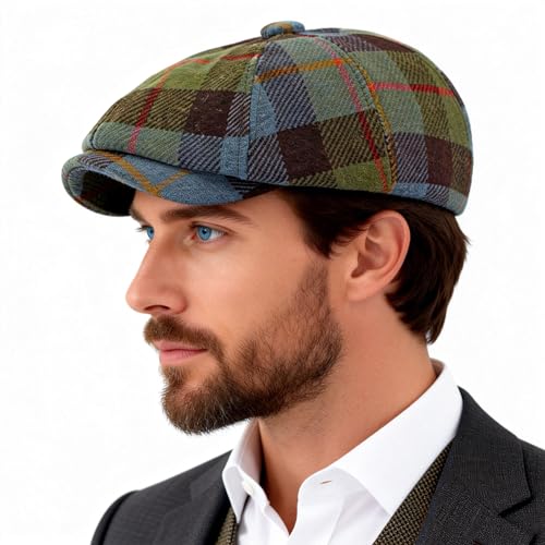 Men's Faux Woolen Tweed Plaid Ivy Cabbie Gatsby Newsboy Golf Paperboy Hat Cap - color: Green