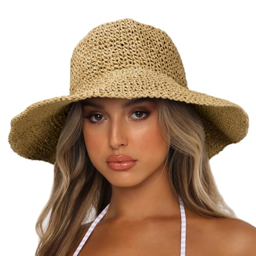 Womens Sun Hats Wide Brim Summer Beach Hat for Women Foldable Travel Straw Hat UPF50+ - color: A-khaki