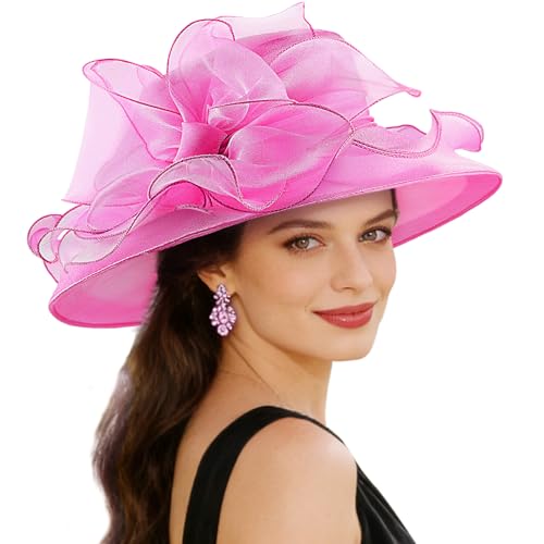 DRESHOW Women Organza Hat Church Cap Hats Clearance Kentucky Derby Cocktail Tea Party Wedding Flower Hat with Wide Brim - color: Bow Hat: Rose Pink