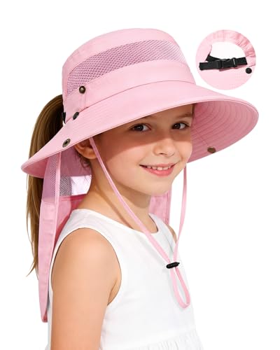 Century Star Kids Sun Hat with Ponytail Hole & Detachable Neck Flap UPF50+ Quick Dry Girls Bucket Hat for Outdoor Beach - color: Light Pink