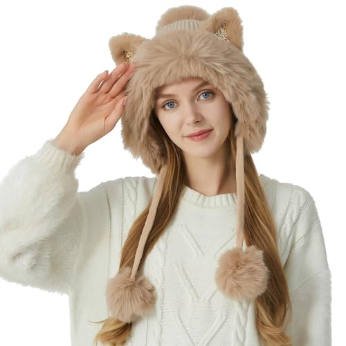 HUAMULAN Women Winter Sherpa Knit Beanie Hat Fleece Lined Ear Flaps - color: Khaki Solid