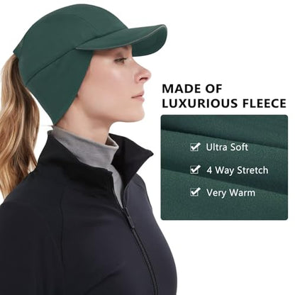 GADIEMKENSD Women's Winter Reflective Fleece Ponytail Hat with Drop Down Ear Warmer - color: Dark Green