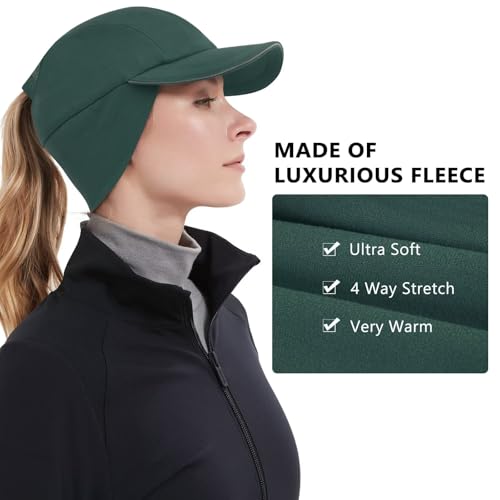 GADIEMKENSD Women's Winter Reflective Fleece Ponytail Hat with Drop Down Ear Warmer - color: Dark Green, size: 7-7 1/8