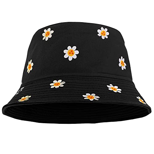 Falari Reversible Bucket Hat for Men Women Summer Travel Beach Outdoor Fishing Hat 100% Cotton - color: J876-black-daisy Flower