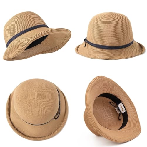 Women's Straw Bucket Sun Hat, Packable Floppy Wide Brim Beach Hat - color: Khaki B
