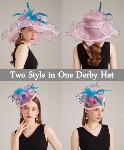Women Derby Fascinator Hat Organza Church Wedding Hats Wide Brim Cocktail Tea Party Hat - color: 36pink Blue