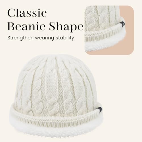 Winter Warm Beanie Hat for Women Men, Thick Cable Knit Cuffed Beanie - color: Cream