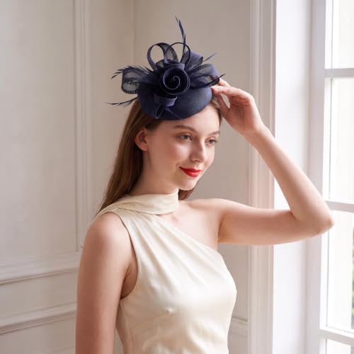 Flower Fascinator Hat Headband Clip for Women Tea Party - color: Navy-02