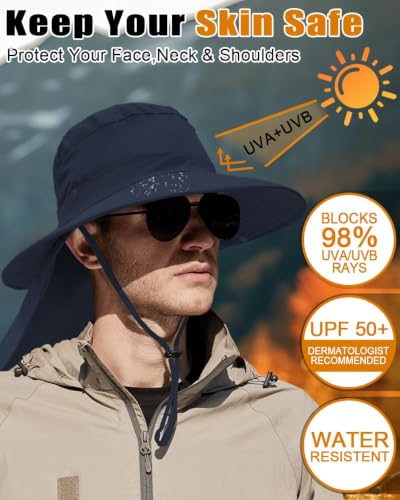 Outdoor Sun Hats with Stowable Neck Flap for Men Women UPF 50+ Mesh Summer Bucket Hat Wide Brim for Fishing Safari Hiking - color: Navy Blue