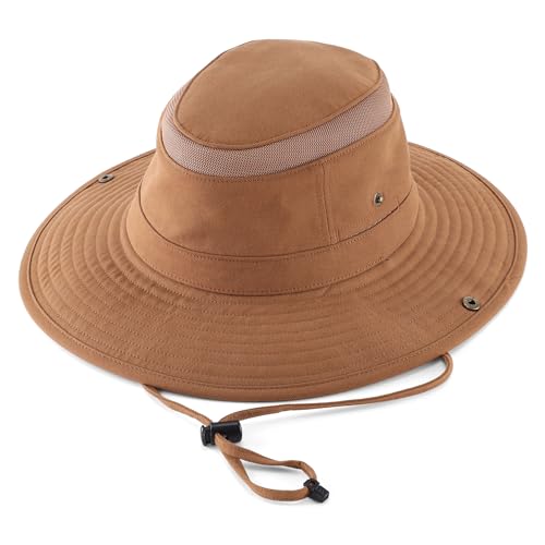 Home Prefer UPF 50+ Wide Brim Sun Hat Mesh Crown Foldable Cotton Bucket Cowboy Hat for Men Safari Golf Fishing Beach Garden - color: Brown, size: Large