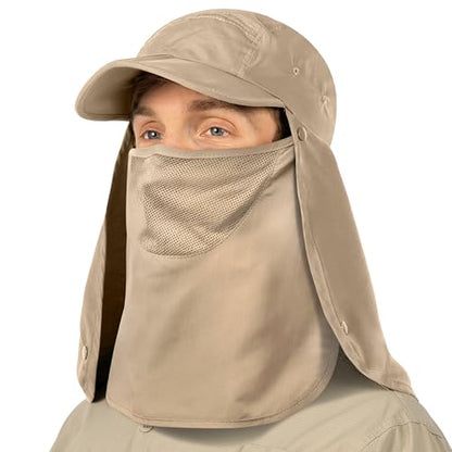 SUN CUBE Fishing Sun Hat with Neck Flap & Face Cover, Wide Brim UPF50+ Cap - color: Tan