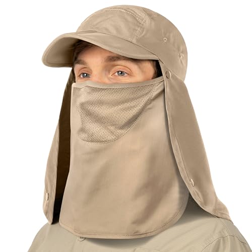 SUN CUBE Fishing Sun Hat with Neck Flap & Face Cover, Wide Brim UPF50+ Cap - color: Tan