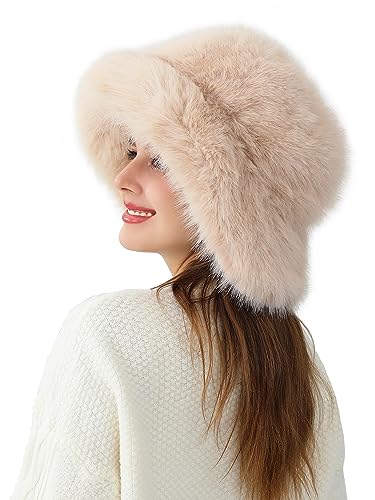 LA CARRIE Women's Fuzzy Wide Brim Faux Fur Bucket Hat Winter Fisherman Cap - color: Beige