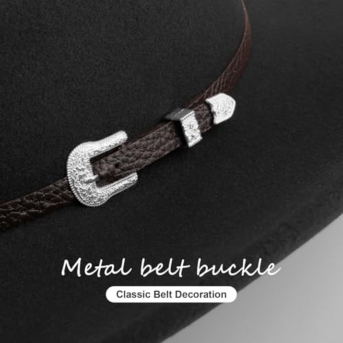 AQOKKA Western Cowboy Hats for Women Classic Felt Wide Brim Fedora Hat with Belt Buckle Retro Panama Hat Unisex Rolled up Cap - color: 1 Pc Fedora Hat : Black