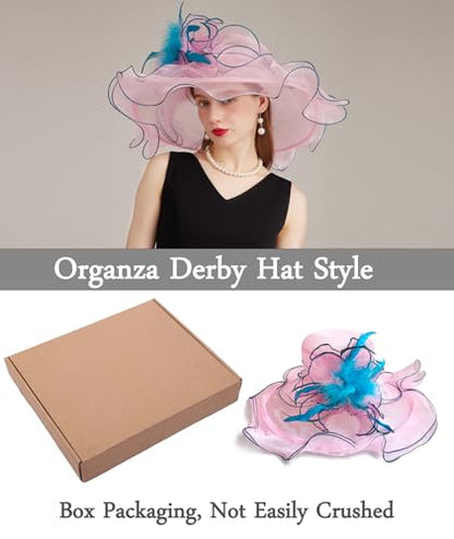 Women Derby Fascinator Hat Organza Church Wedding Hats Wide Brim Cocktail Tea Party Hat - color: 36pink Blue
