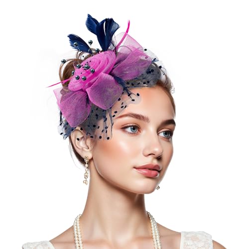 Zando 2026 Mesh Ken-Tucky Derby Fascinators Hats for Women Girls with Clip and Headband Vintage Wedding Church Tea Party - color: Hot Pink & Dark Blue