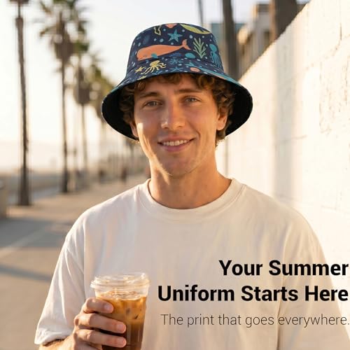 ZLYC Printed Bucket Hat for Women Men Packable Summer Sun Hat for Beach - color: Sea Life Navy