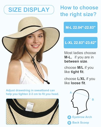 Sun Hats for Women, Summer Wide Brim Straw Beach Hat - color: Beige Black, size: Large