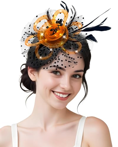 Women Fascinator Hats LED Light Up Headband for Tea Party Halloween Night Headwear Christmas Mardi Gras - color: Black Orange