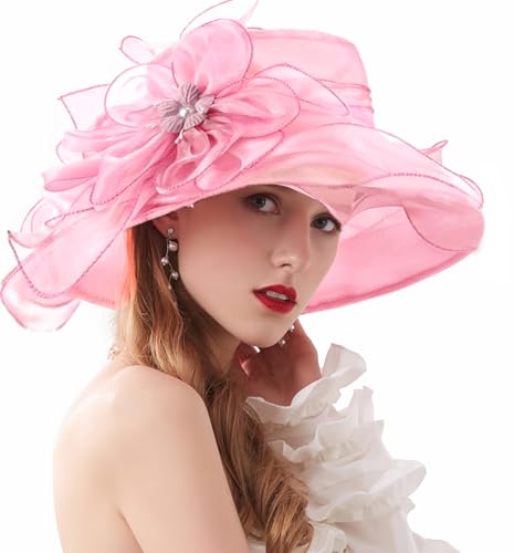 ORIDOOR Women’s Organza Church Tea Party Wedding Fascinator Derby Hat Wide Brim Sun Hats - color: Light Pink