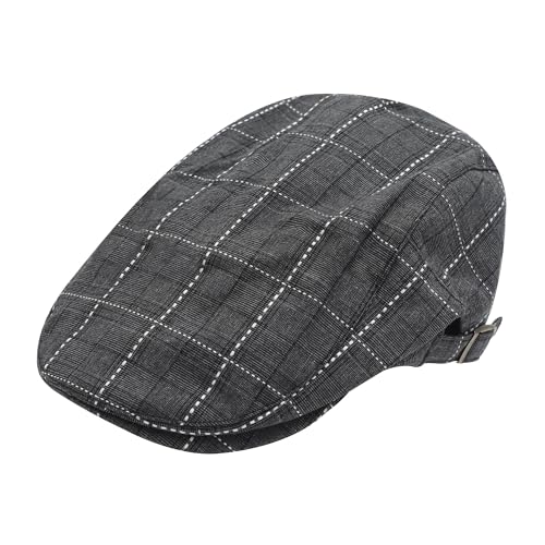 ZLYC Men Cotton Flat Cap Summer Scally Newsboy Beret Driver Hat - color: Plaid Black