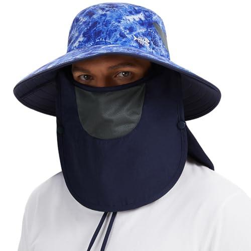 BASSDASH UPF 50+ Breathable Sun Hat with Removable Face Cover and Neck Flap Wide Brim Bucket Hat for Fishing Hiking Men Women - color: Blue Camo/Navy Blue