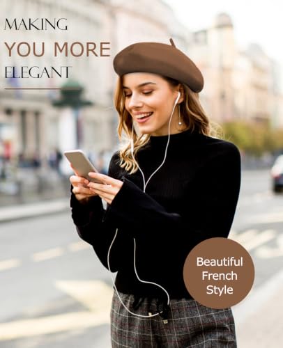 French Beret Hats for Women - Soft Warm Wool Solid Color Beanie Winter Cap - color: Dark Coffee