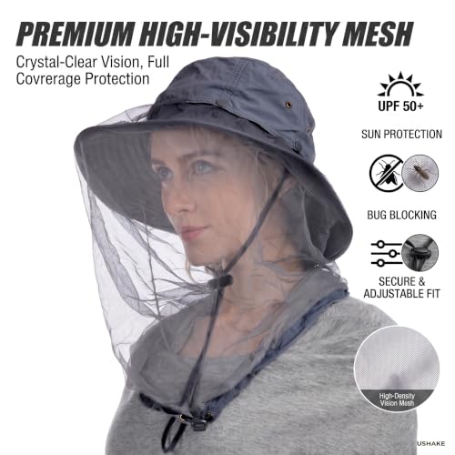 USHAKE Head Net Hat, Safari Hat Sun Hat Bucket Hat with Hidden Net Mesh - color: Dark Grey