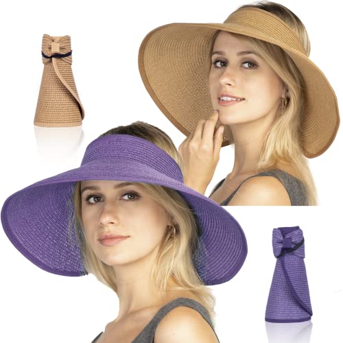 Women Sun Visors Foldable Straw Hats Summer Beach Packable Hat Floppy Wide Brim Cap Deep Style, Adjustable Size - color: Purple Khaki