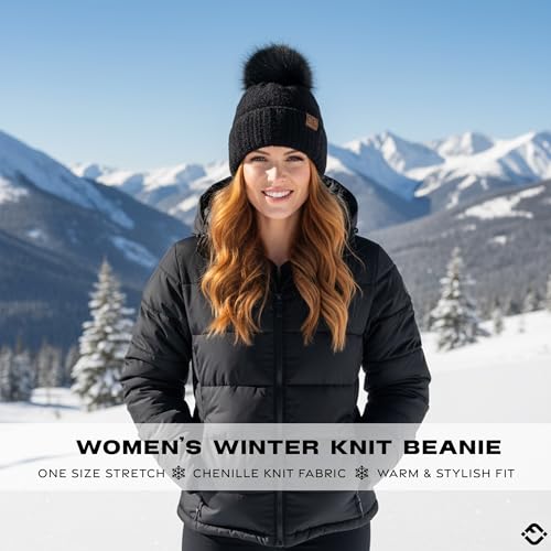 Funky Junque Beanie for Women Ultra Soft Chenille Faux Fur Pom Pom Winter Hats Warm Ski Cap Fashion - color: Black