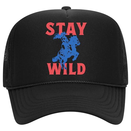 Stay Wild Trucker Hat | Vintage Cowboy Cowgirl Western Funny | Premium Mesh Foam Snapback Hat for Men & Women - color: Black