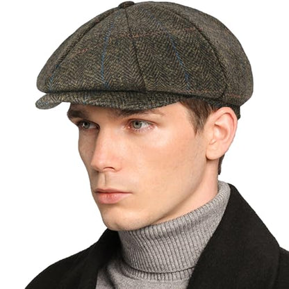 Mens Newsboy Cap High Woolen Tweed Gatsby Hat Ivy Cabbie Flat Golf Cap for Fathers Women Unisex - color: Herringbone Plaid Brown, size: 7-7 1/8