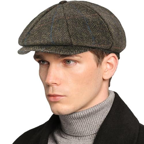 Mens Newsboy Cap High Woolen Tweed Gatsby Hat Ivy Cabbie Flat Golf Cap for Fathers Women Unisex - color: Herringbone Plaid Brown, size: 7-7 1/8