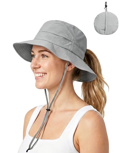 Womens Ponytail Sun Hat UPF50+ Waterproof Bucket Hat Packable Beach Hat - color: Light Grey