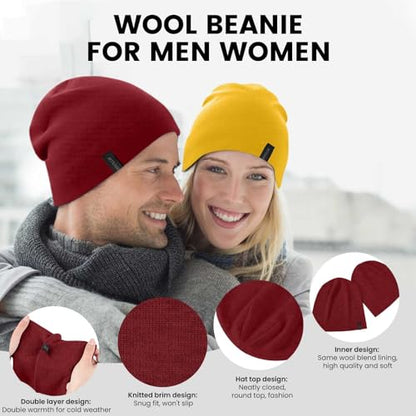 Wool Blend Thin Beanie for All Season, 2 Pack Lightweight Slouchy Knit Beanie Hats Sleep Cap - color: Red/Yellow