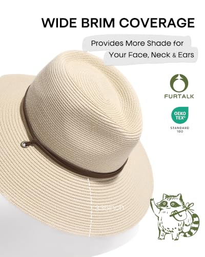 FURTALK Sun Hat Panama Fedora Straw Beach Hat with Wind Lanyard UPF - color: Beige, size: Large-X-Large