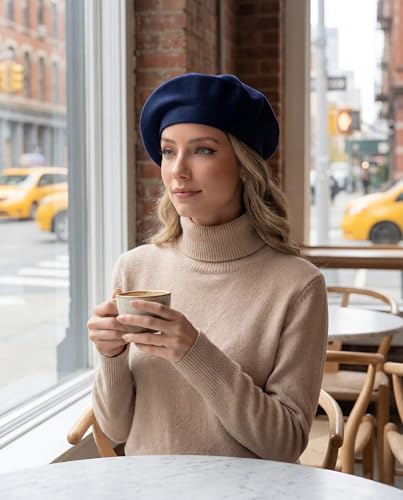 Women's Knitted Beret, French Style Double Layer Winter Autumn Warm and Soft Beanie Hat Cap - color: Navy Blue