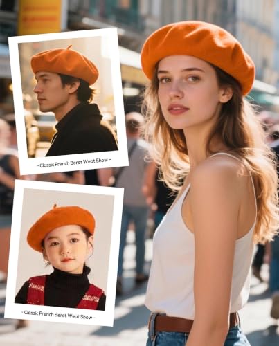 Wool French Beret Hats for Women Classic Winter Beanie Cap - color: Orange