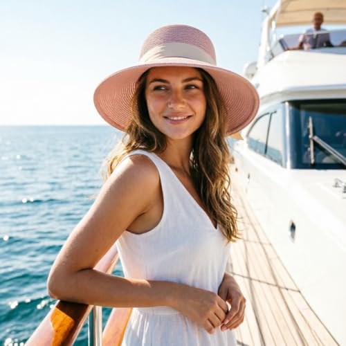 DRESHOW Sun Hats for Women Travel Fedora Foldable Beach Sun Hat Summer Wide Brim Straw Bucket Hat with Bowknot UPF 50+ - color: 1 Pack With Bowknot: Dusty Pink With Beige Band