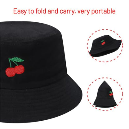 Cotton Bucket Hat for Women Men Summer Travel Sun Beach Bucket Cap, Unisex Outdoor Fisherman Hat - color: Cherry Black