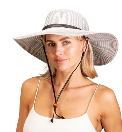 Sloggers Women's Wide Brim Braided Sun Hat with Wind Lanyard - UPF 50+ Maximum Sun Protection - color: Duo Grey