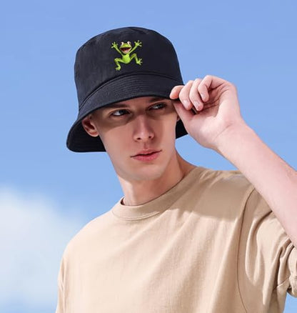 Bucket Hat Beach Sun Hat Fishing Hat for Women Men, Summer Outdoor Travel Packable Fisherman Hat - color: Frog