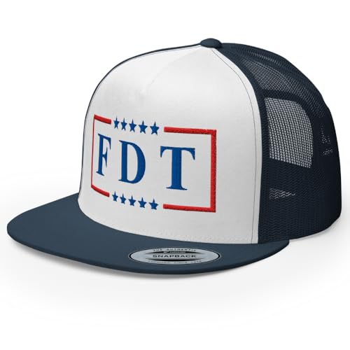 NX FDT Embroidered Flat Bill Trucker Hat High Crown Adjustable FDT Hat - color: Navy/ White/ Navy